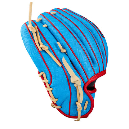 Back side view of 2027 Wilson A2000 PF88SS 11.25 inch infield baseball glove Blonde Red Sky Blue