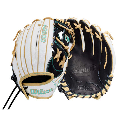 Wilson A2000 Fastpitch H12SS softball glove shown from both the backfield and palm views, featuring white leather on the backfield, black leather on the palm, tan lacing, and teal Wilson branding.