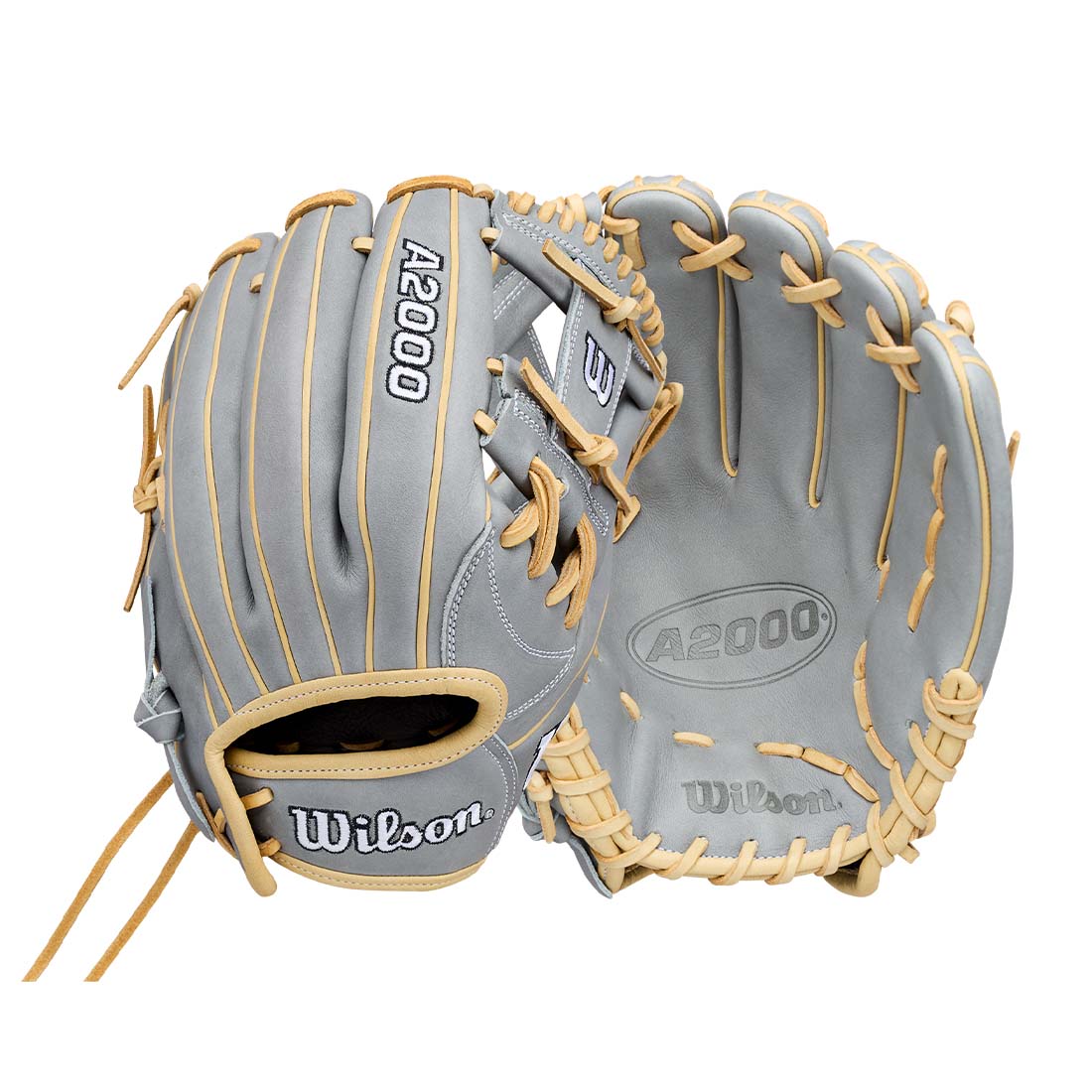 A Wilson A2000 fastpitch glove shown from both the backhand and palm views, featuring a gray leather body with tan laces and stitching.