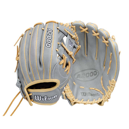 A Wilson A2000 fastpitch glove shown from both the backhand and palm views, featuring a gray leather body with tan laces and stitching.
