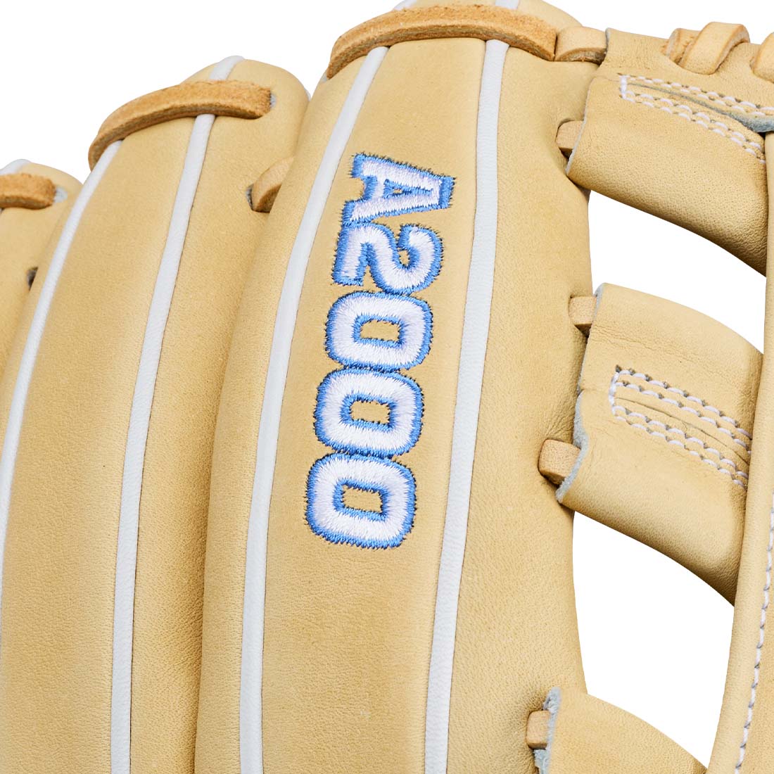 Close-up of a tan leather baseball glove with white contrast stitching and blue-and-white embroidered 'A2000' lettering on the backhand.