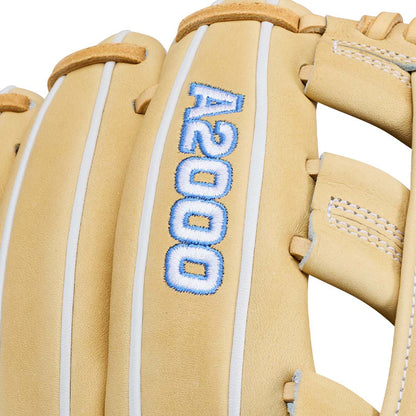 Close-up of a tan leather baseball glove with white contrast stitching and blue-and-white embroidered 'A2000' lettering on the backhand.
