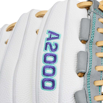 2027 Wilson A2000 FPHGSS White SuperSkin fastpitch glove A2000 Logo up close