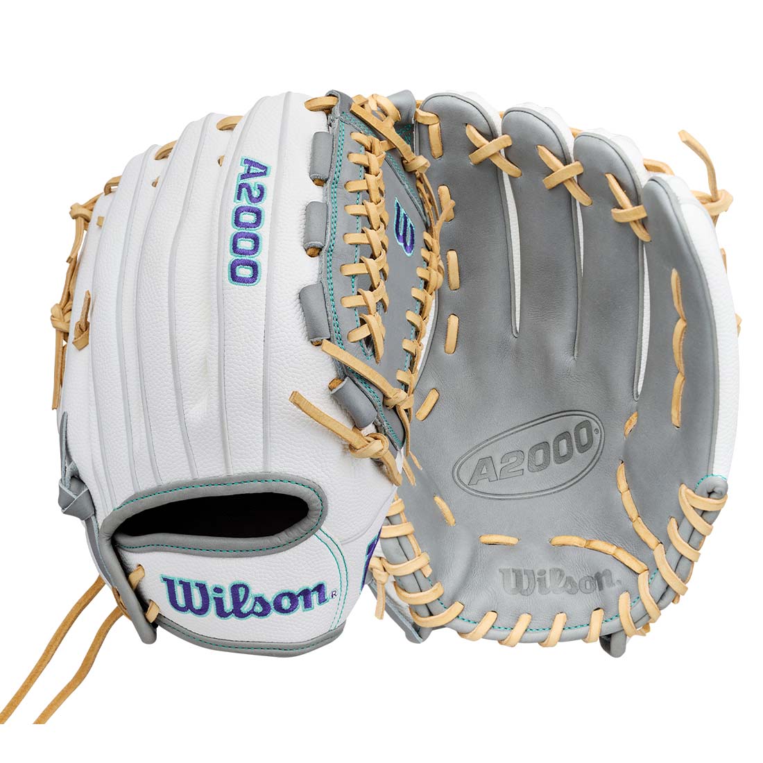 Wilson A2000 FPHGSS softball glove shown in a dual-view presentation, featuring a white leather backhand and a gray leather palm with tan lacing and stitching.