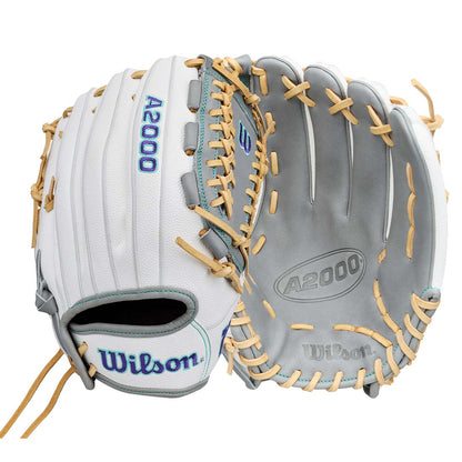 Wilson A2000 FPHGSS softball glove shown in a dual-view presentation, featuring a white leather backhand and a gray leather palm with tan lacing and stitching.