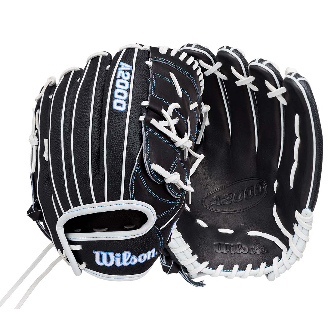 Wilson A2000 baseball glove in black leather with white contrast stitching, white laces, and blue brand lettering, shown from the front and back on a white background.