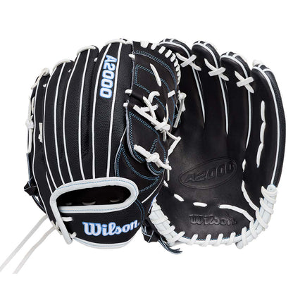 Wilson A2000 baseball glove in black leather with white contrast stitching, white laces, and blue brand lettering, shown from the front and back on a white background.