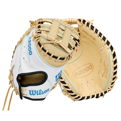 Wilson A2000 Pro-Toe Fastpitch Softball glove shown from the front and back on a clean white background, featuring a white and tan leather design with black and light blue stitching.