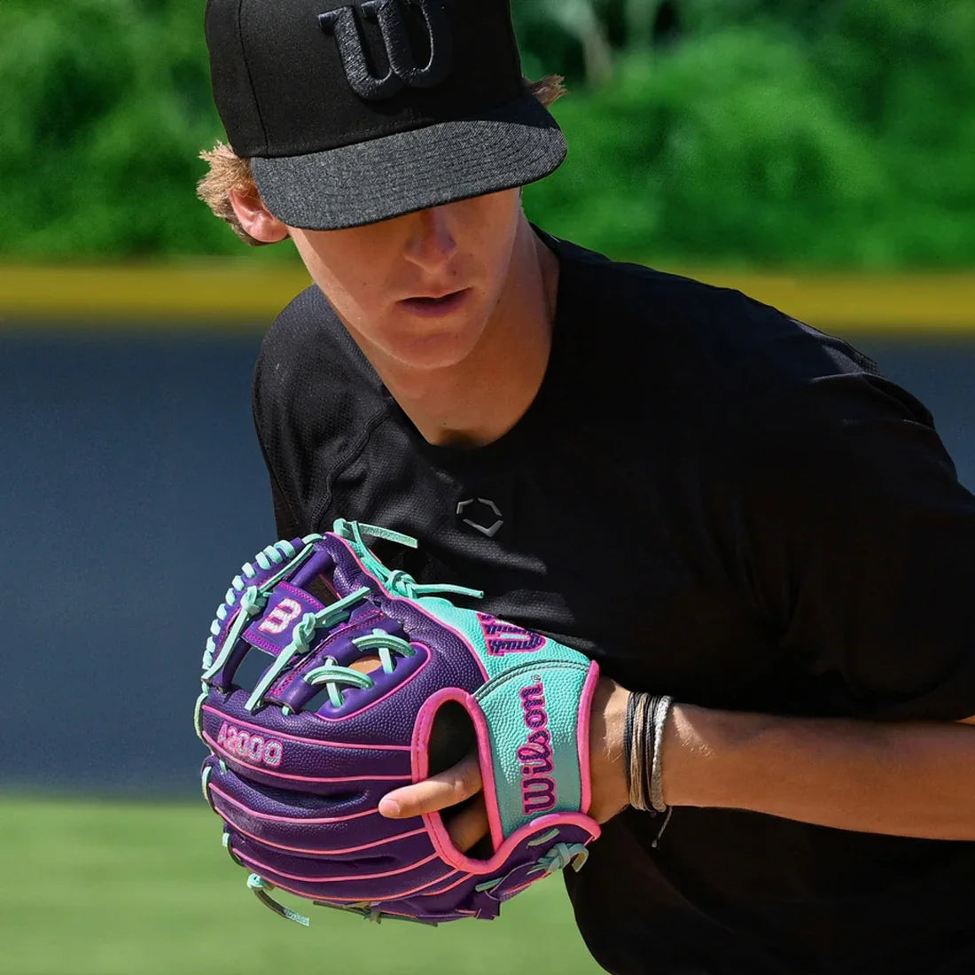 Wilson A2000 DP15SS 11.5" Winter 2025 Infield Glove – Purple/Seafoam/Flamingo, H-Web, Pedroia Fit