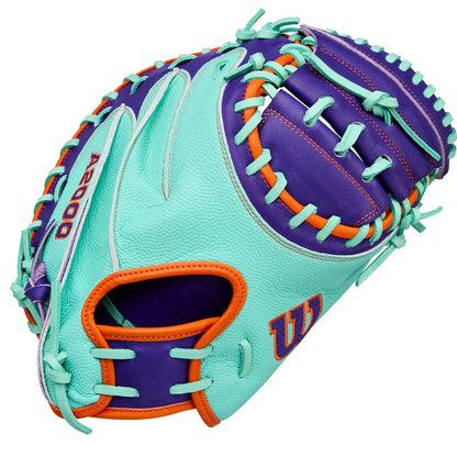 Wilson A2000 CM33SS 33" Winter 2025 Catcher’s Mitt – Seafoam/Purple/Orange, Half-Moon Web
