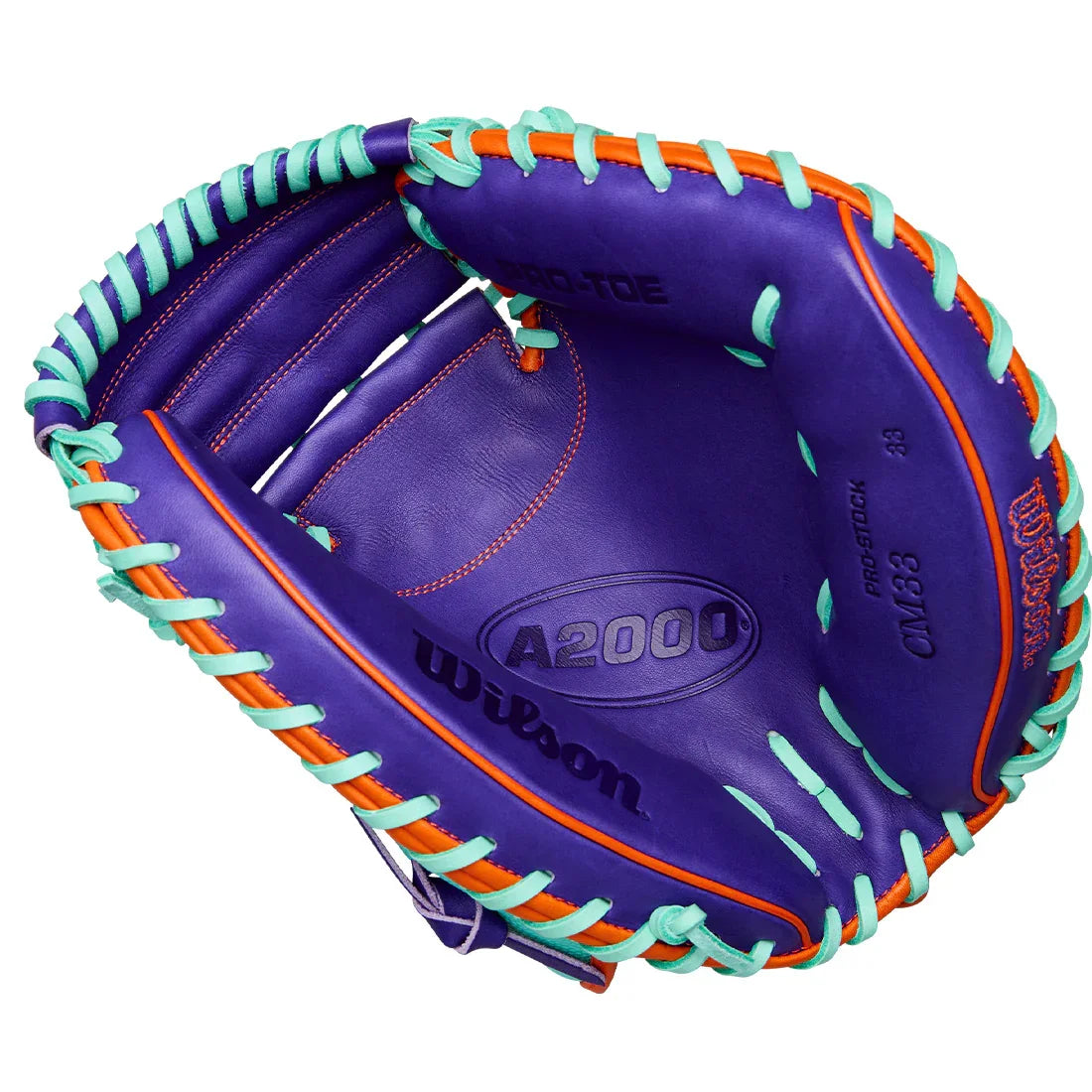 Wilson A2000 CM33SS 33" Winter 2025 Catcher’s Mitt – Seafoam/Purple/Orange, Half-Moon Web