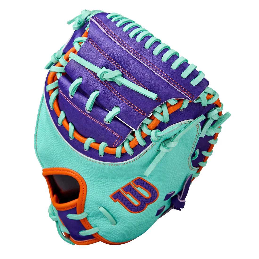 Wilson A2000 CM33SS 33" Winter 2025 Catcher’s Mitt – Seafoam/Purple/Orange, Half-Moon Web