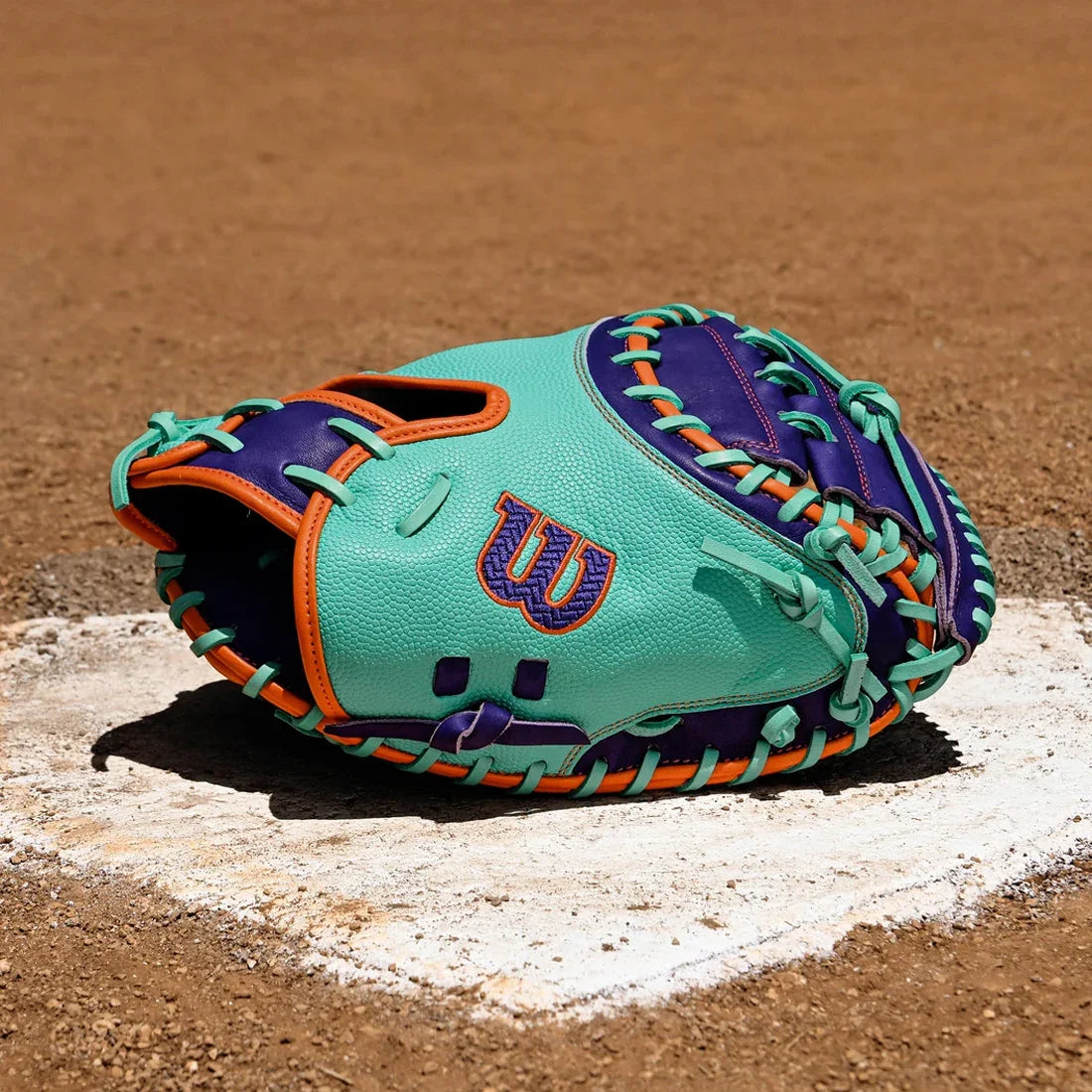 Wilson A2000 CM33SS 33" Winter 2025 Catcher’s Mitt – Seafoam/Purple/Orange, Half-Moon Web