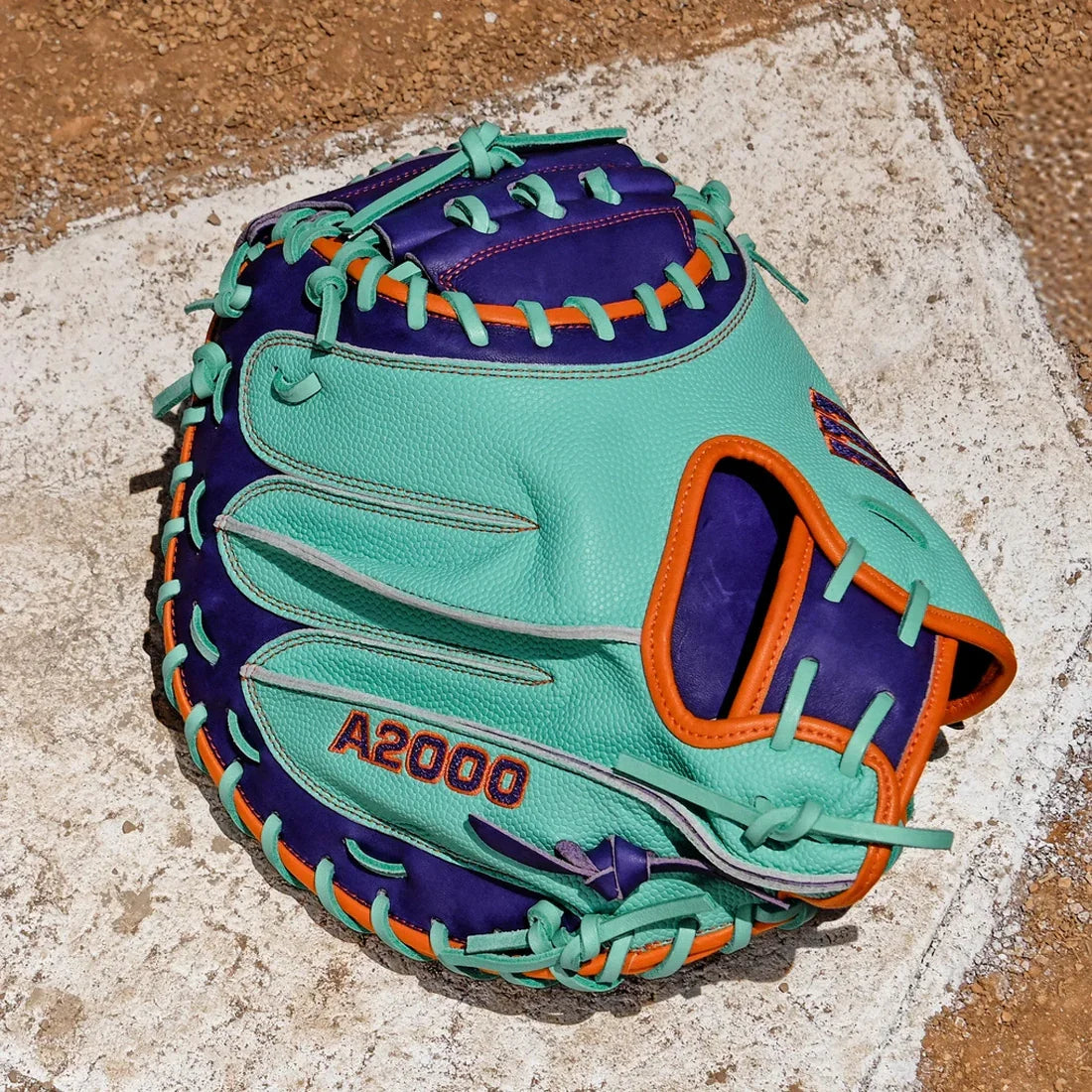 Wilson A2000 CM33SS 33" Winter 2025 Catcher’s Mitt – Seafoam/Purple/Orange, Half-Moon Web