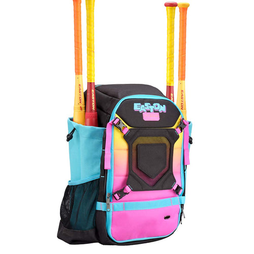 Black and Pink Easton Spring Break Collection Walk-Off Ethos Backpack: WOETHOSBP on a white background holding four Easton Hype Fire baseball bats
