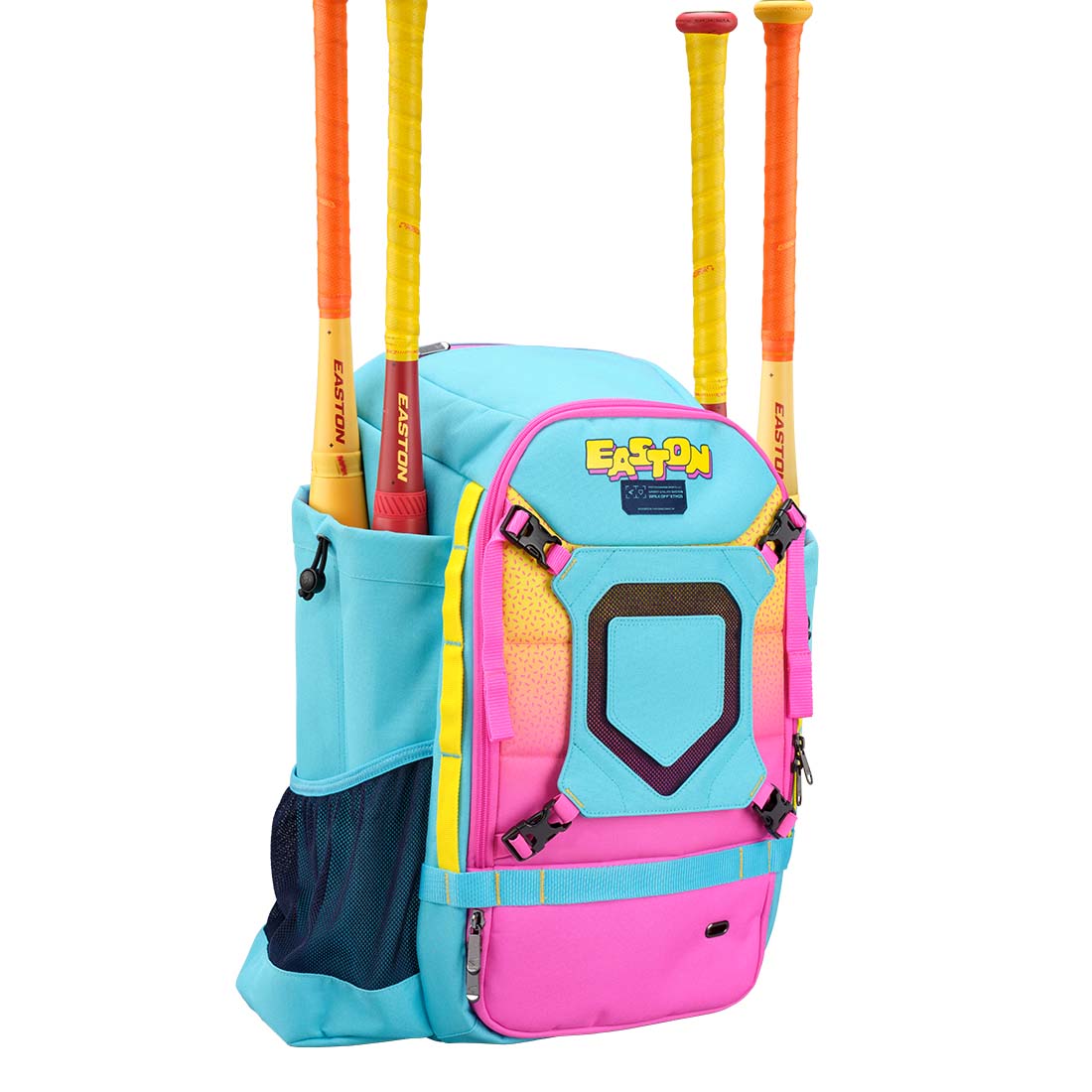 Blue and Pink Easton Spring Break Collection Walk-Off Ethos Backpack: WOETHOSBP on a white background holding four Easton Hype Fire baseball bats