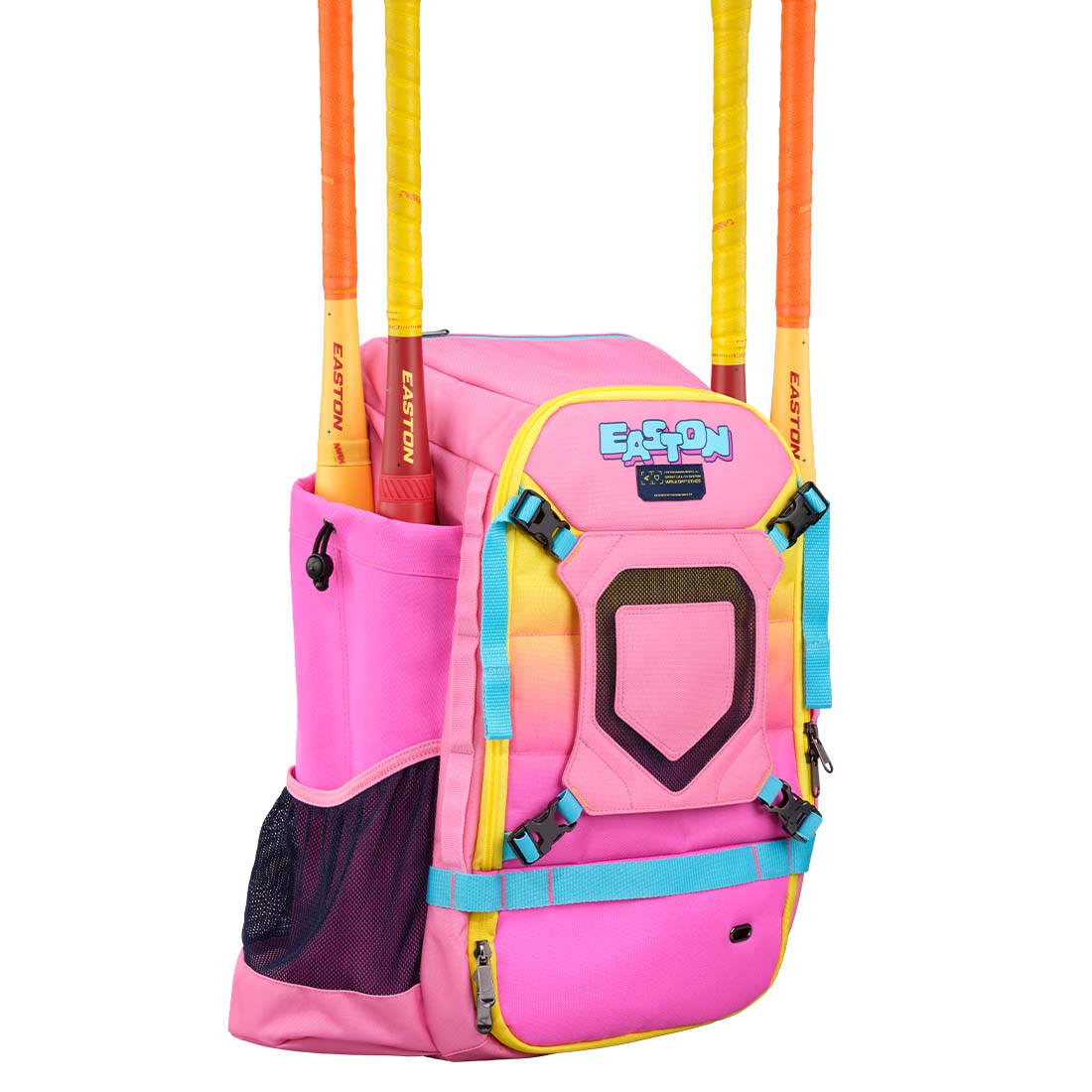 Pink Easton Spring Break Collection Walk-Off Ethos Backpack: WOETHOSBP on a white background holding four Easton Hype Fire baseball bats