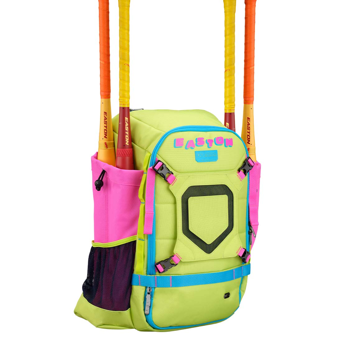 Yellow and Pink Easton Spring Break Collection Walk-Off Ethos Backpack: WOETHOSBP on a white background holding four Easton Hype Fire baseball bats