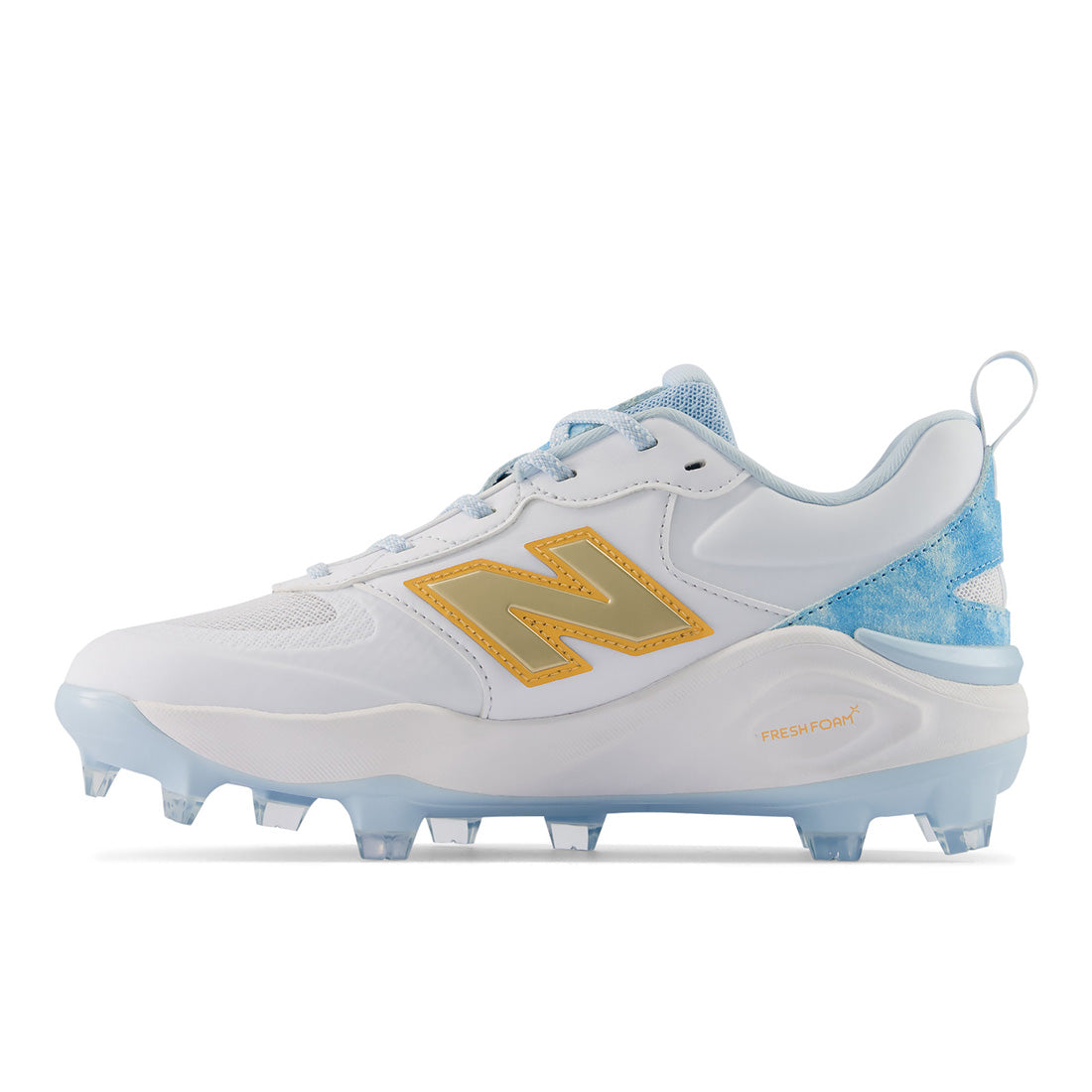 Velo v5 Molded women’s softball cleats in White Team Sky Blue and Gold