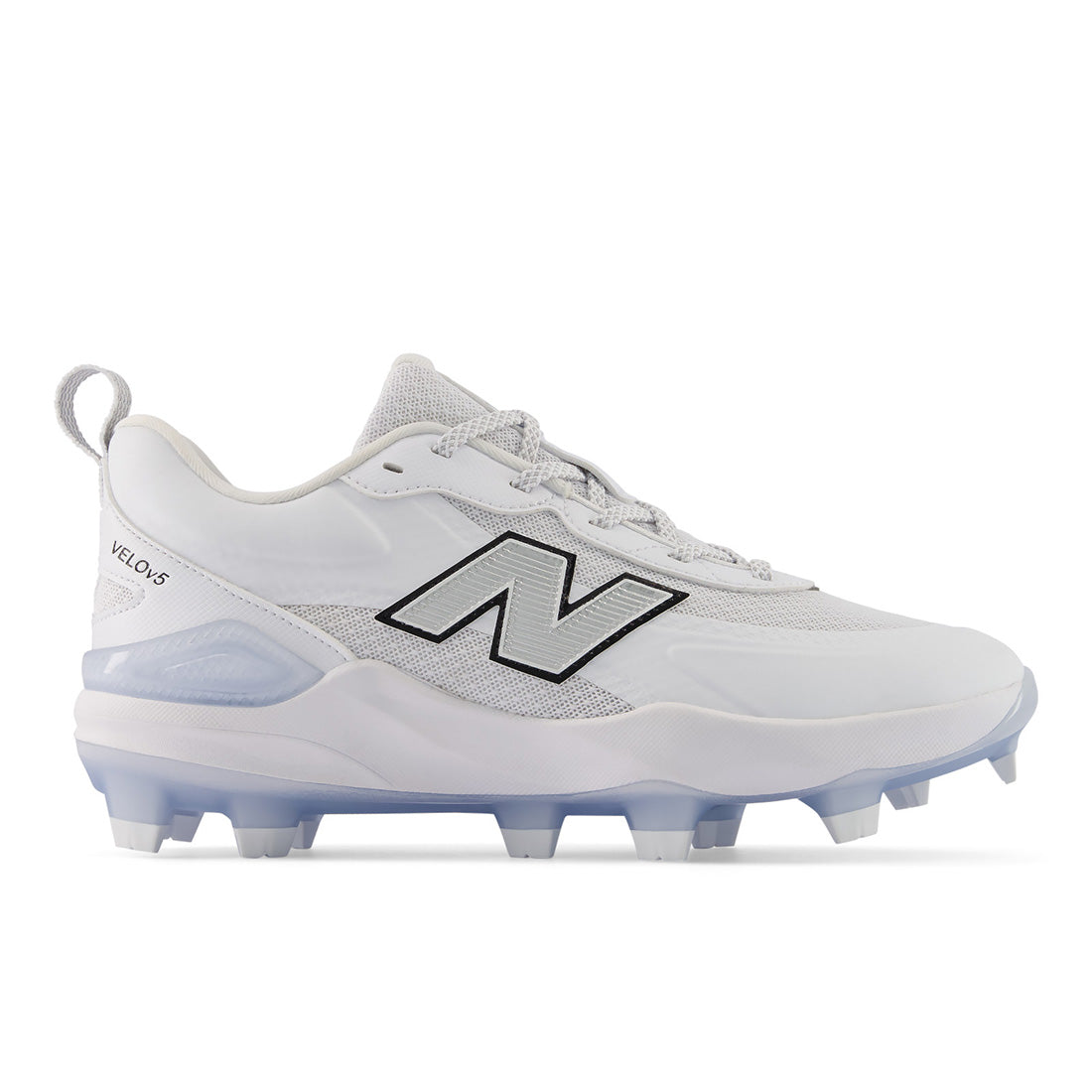 - Velo v5 Molded women’s softball cleats in White and Metallic Silver details