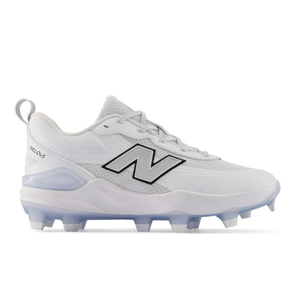 - Velo v5 Molded women’s softball cleats in White and Metallic Silver details