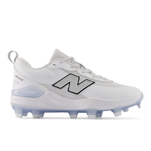 - Velo v5 Molded women’s softball cleats in White and Metallic Silver details
