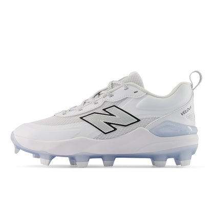 Velo v5 Molded women’s softball cleats in White and Metallic Silver
