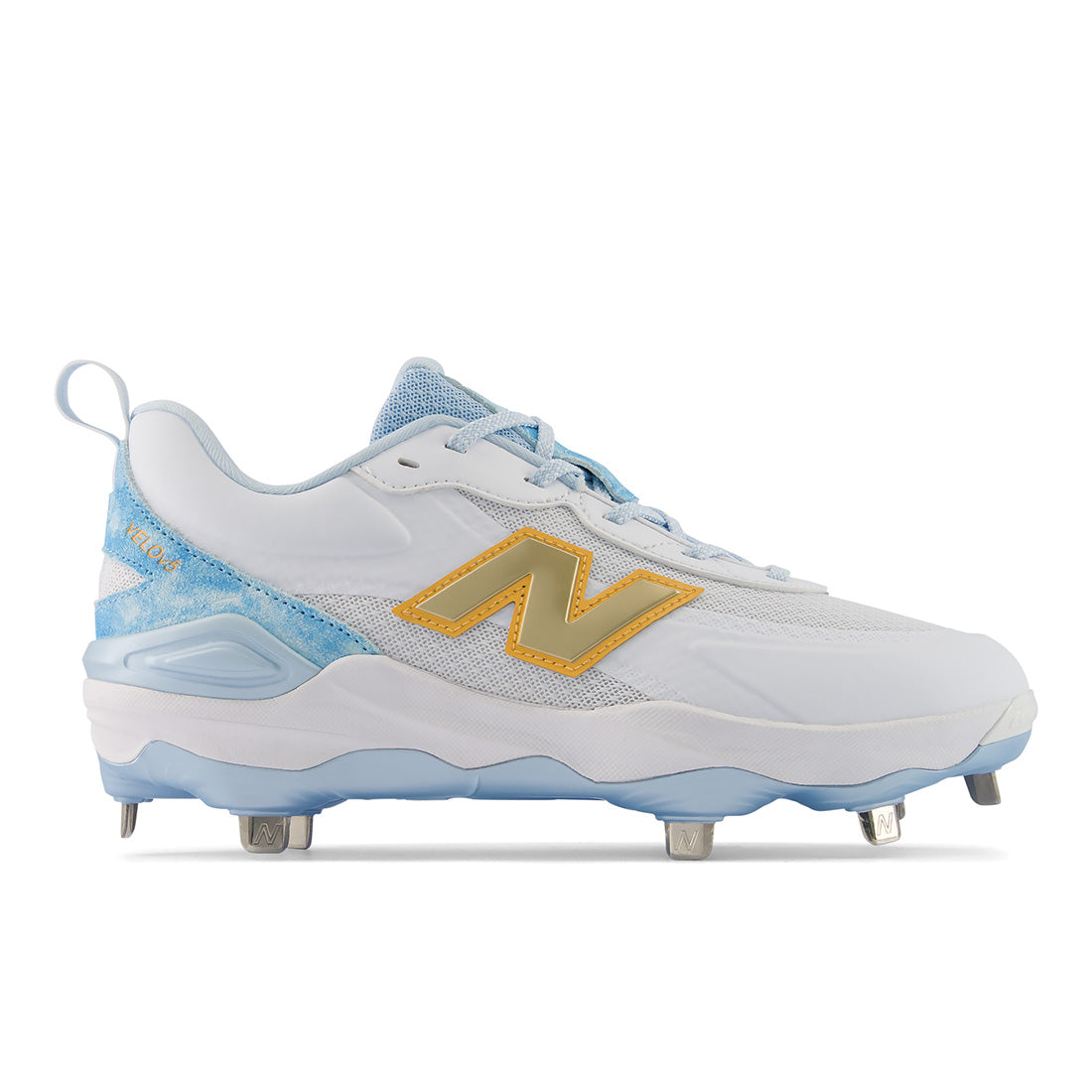 - Velo v5 Metal women’s softball cleats in white  team sky blue and gold