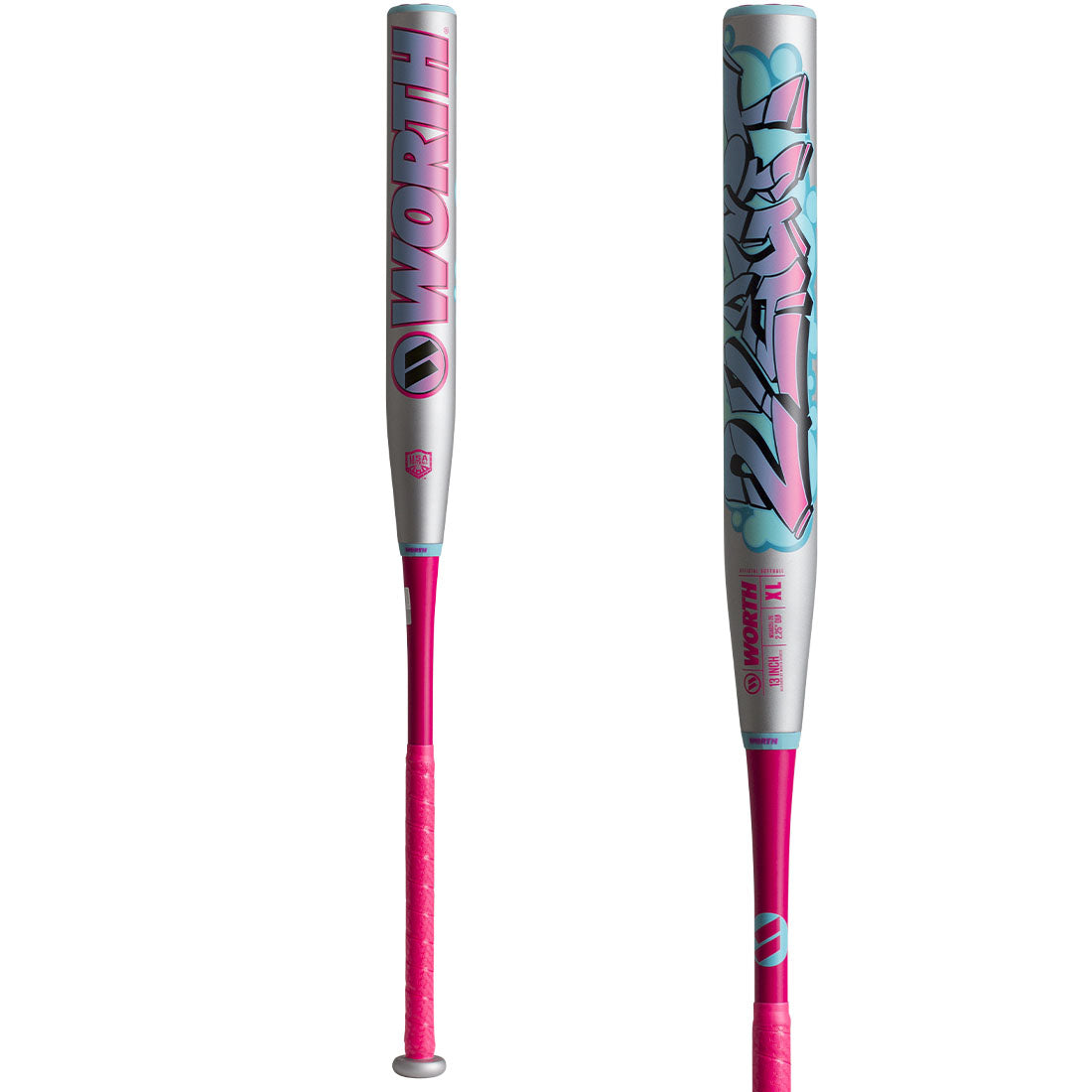 Worth 2 Legit XL USA slowpitch bat 13 inch barrel silver blue pink