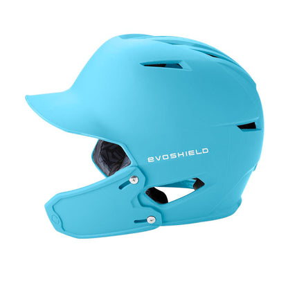 A light blue EVOSHIELD baseball helmet with a matching chin guard, shown from a side profile on a solid white background.