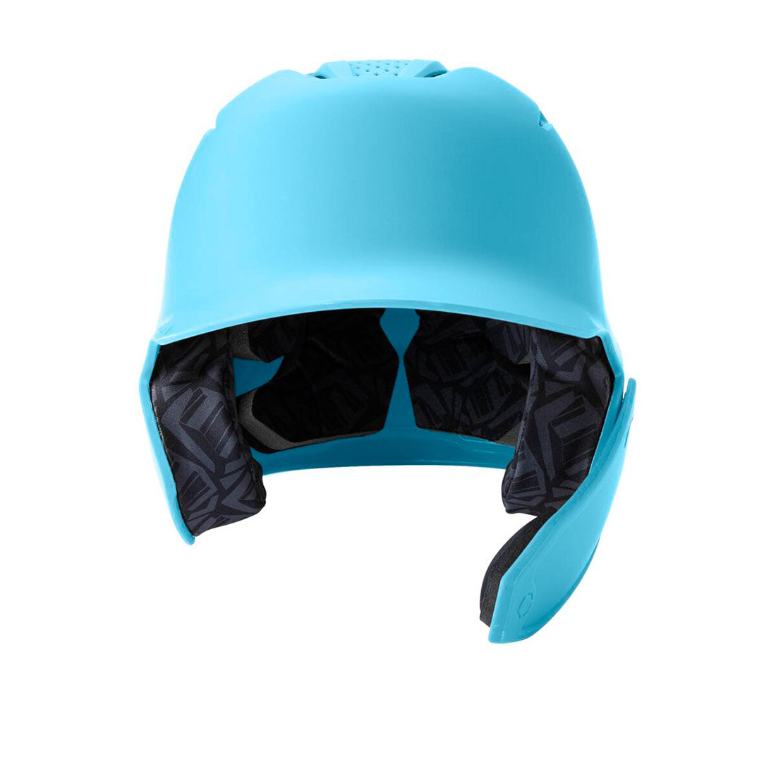 A light blue baseball batting helmet with a black patterned interior padding, shown from the front on a solid white background.