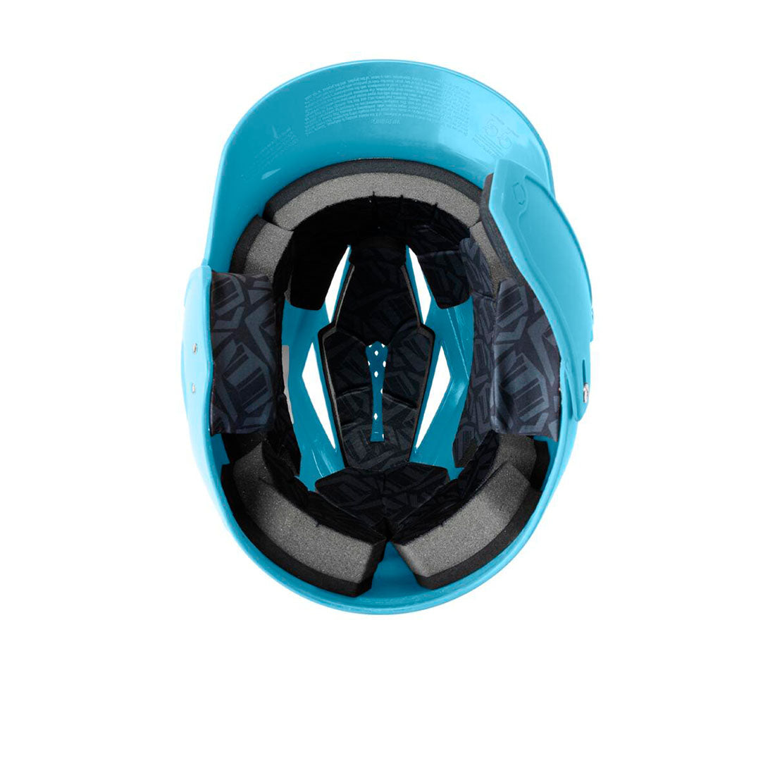 Top-down view of a bright turquoise blue helmet with a black and gray patterned interior padding, shown against a solid white background.