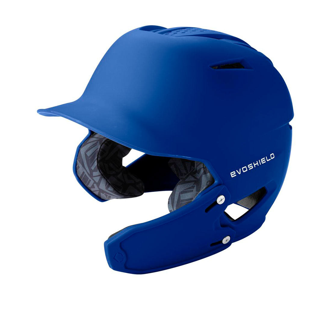 A royal blue Evoshield baseball batting helmet with a protective face guard, shown from a three-quarters angle on a white background.