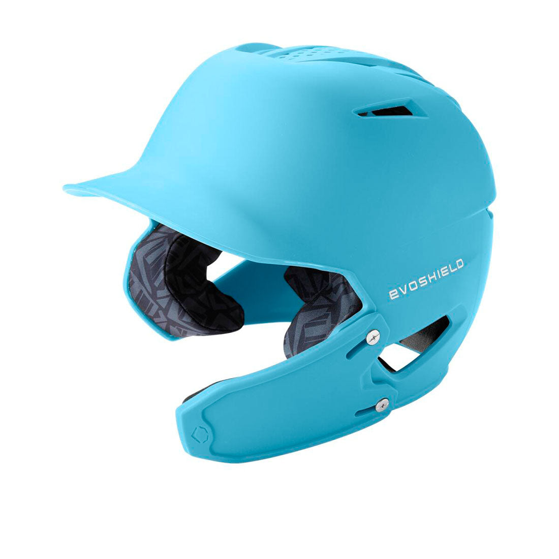 A bright blue EVOSHIELD baseball batting helmet with a built-in face guard, shown from a three-quarters angle on a white background.