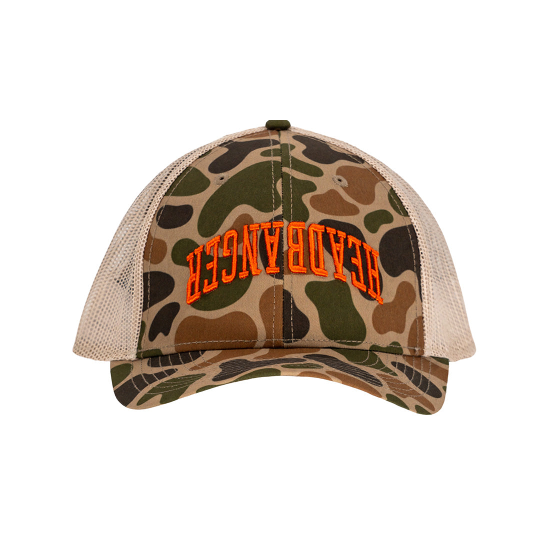 - Headbanger Sports Upside Down Logo Camo Trucker Snapback Hat